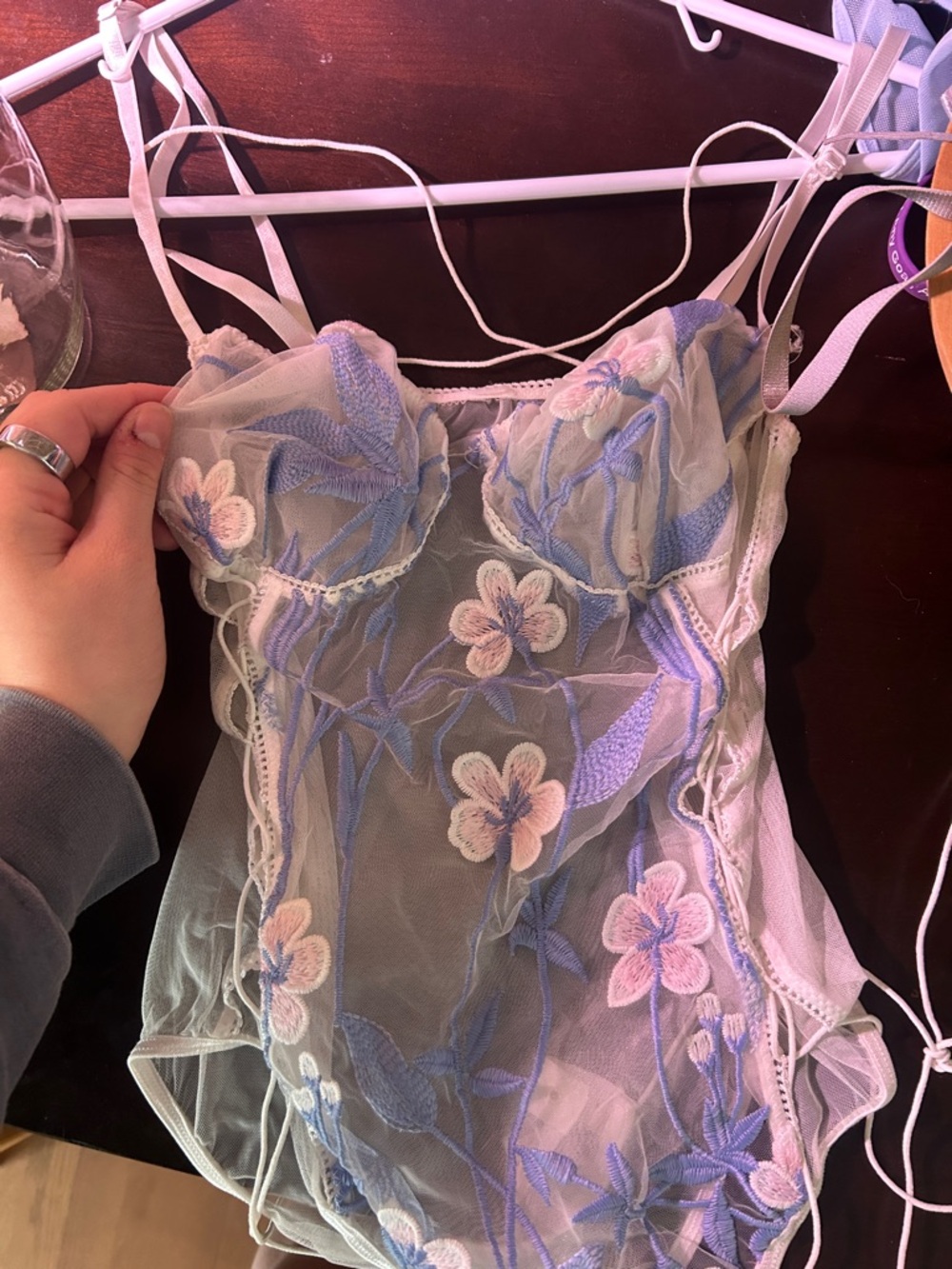 SHEIN Sheer Floral Embroidered Lace Bodysuit in White and Blue